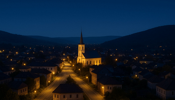 Noční panorama obce s dominantou nasvíceného kostela; dynamické řízení osvětlení zvýrazňuje architekturu a zároveň chrání biorytmy okolní přírody.