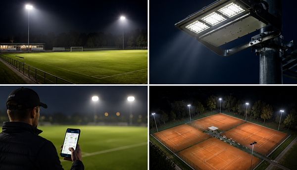 Koláž prvků pro chytré řízení osvětlení: detail moderního LED reflektoru na stožáru, osoba dálkově ovládající světla na stadionu přes aplikaci v mobilním telefonu a noční letecké pohledy na rovnoměrně osvětlené fotbalové hřiště a komplex čtyř tenisových kurtů.